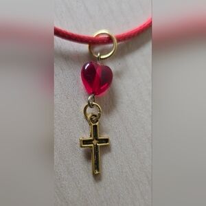 Gold Cross Pendant Necklace with Red Heart Charm